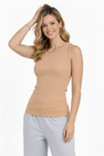 Fitilli Atlet Sıfır Yaka Slim Fit Arka Baskılı Spor Atlet - Bej - Görsel 3