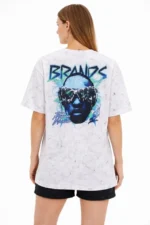 Asit Yıkamalı Oversize Tişört Future Worlds Baskılı Bisiklet Yaka Kısa Kollu Streetwear %100 Pamuk Street Style T-Shirt - Beyaz - Görsel 2