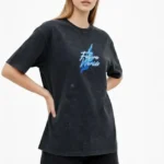 Asit Yıkamalı Oversize Tişört Future Worlds Baskılı Bisiklet Yaka Kısa Kollu Streetwear %100 Pamuk Street Style T-Shirt - Siyah