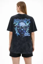 Asit Yıkamalı Oversize Tişört Future Worlds Baskılı Bisiklet Yaka Kısa Kollu Streetwear %100 Pamuk Street Style T-Shirt - Siyah - Görsel 2