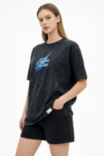 Asit Yıkamalı Oversize Tişört Future Worlds Baskılı Bisiklet Yaka Kısa Kollu Streetwear %100 Pamuk Street Style T-Shirt - Siyah - Görsel 3