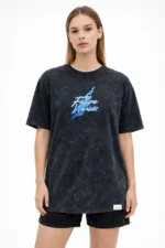 Asit Yıkamalı Oversize Tişört Future Worlds Baskılı Bisiklet Yaka Kısa Kollu Streetwear %100 Pamuk Street Style T-Shirt - Siyah - Görsel 4