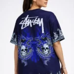 Lacivert Oversize Tişört Dragon - Kuru Kafa Baskılı Bisiklet Yaka T-Shirt - Lacivert