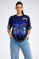 Lacivert Oversize Tişört Dragon - Kuru Kafa Baskılı Bisiklet Yaka T-Shirt - Lacivert - Görsel 2