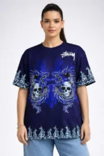 Lacivert Oversize Tişört Dragon - Kuru Kafa Baskılı Bisiklet Yaka T-Shirt - Lacivert - Görsel 4