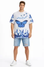 Erkek Asit Yıkamalı Oversize Tişört Mavi Kelebek Baskılı Dijital Print Bisiklet Yaka Streetwear T-Shirt - Beyaz - Görsel 3