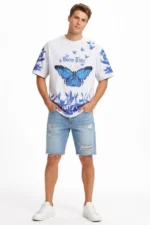 Erkek Asit Yıkamalı Oversize Tişört Mavi Kelebek Baskılı Dijital Print Bisiklet Yaka Streetwear T-Shirt - Beyaz - Görsel 4