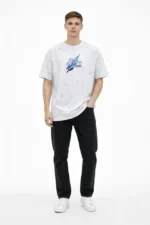 Erkek Asit Yıkamalı Oversize Tişört Future Worlds Baskılı Bisiklet Yaka Kısa Kollu Streetwear %100 Pamuk Street Style T-Shirt - Beyaz - Görsel 2