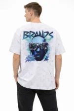 Erkek Asit Yıkamalı Oversize Tişört Future Worlds Baskılı Bisiklet Yaka Kısa Kollu Streetwear %100 Pamuk Street Style T-Shirt - Beyaz - Görsel 3