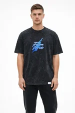 Erkek Asit Yıkamalı Oversize Tişört Future Worlds Baskılı Bisiklet Yaka Kısa Kollu Streetwear %100 Pamuk Street Style T-Shirt - Siyah - Görsel 2