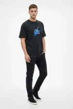 Erkek Asit Yıkamalı Oversize Tişört Future Worlds Baskılı Bisiklet Yaka Kısa Kollu Streetwear %100 Pamuk Street Style T-Shirt - Siyah - Görsel 3