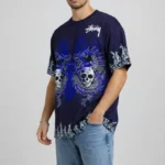 Erkek Lacivert Oversize Tişört Dragon - Kuru Kafa Baskılı Bisiklet Yaka Streetwear T-Shirt - Lacivert