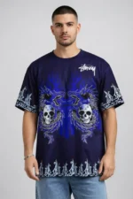 Erkek Lacivert Oversize Tişört Dragon - Kuru Kafa Baskılı Bisiklet Yaka Streetwear T-Shirt - Lacivert - Görsel 3