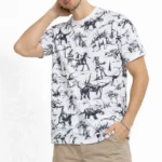 Erkek Beyaz Dinozor Desenli Tişört – Regular Fit, Bisiklet Yaka, Dijital Baskılı Pamuklu T-Shirt - Beyaz