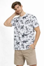 Erkek Beyaz Dinozor Desenli Tişört – Regular Fit, Bisiklet Yaka, Dijital Baskılı Pamuklu T-Shirt - Beyaz