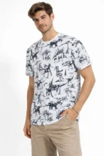 Erkek Beyaz Dinozor Desenli Tişört – Regular Fit, Bisiklet Yaka, Dijital Baskılı Pamuklu T-Shirt - Beyaz - Görsel 2
