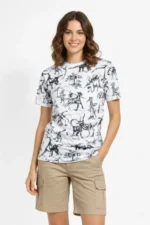 Beyaz Dinozor Desenli Tişört – Regular Kalıp, Bisiklet Yaka, Dijital Baskılı Pamuklu T-Shirt - Beyaz - Görsel 4