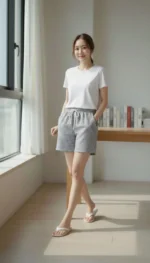 Pötikareli Şort – Beli Lastikli Bağcıklı, Cepli, Rahat Kesim Günlük Yazlık Şort - Füme