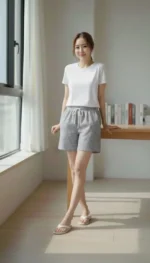 Pötikareli Şort – Beli Lastikli Bağcıklı, Cepli, Rahat Kesim Günlük Yazlık Şort - Füme - Görsel 3