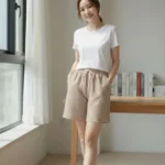 Pötikareli Şort – Beli Lastikli Bağcıklı, Cepli, Rahat Kesim Günlük Yazlık Şort - Bej