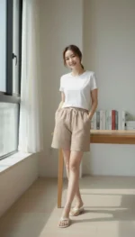 Pötikareli Şort – Beli Lastikli Bağcıklı, Cepli, Rahat Kesim Günlük Yazlık Şort - Bej