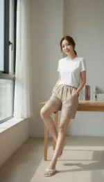 Pötikareli Şort – Beli Lastikli Bağcıklı, Cepli, Rahat Kesim Günlük Yazlık Şort - Bej - Görsel 2