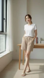 Pötikareli Şort – Beli Lastikli Bağcıklı, Cepli, Rahat Kesim Günlük Yazlık Şort - Bej - Görsel 3