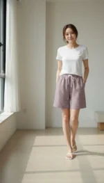 Pötikareli Şort – Beli Lastikli Bağcıklı, Cepli, Rahat Kesim Günlük Yazlık Şort - Gül Kurusu - Görsel 2