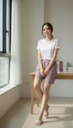 Pötikareli Şort – Beli Lastikli Bağcıklı, Cepli, Rahat Kesim Günlük Yazlık Şort - Gül Kurusu - Görsel 3