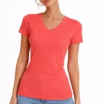 T-Shirt V Yaka Slim Fit Likralı Tişört Günlük Basic Body - Nar Çiçeği