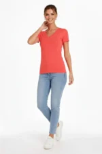 T-Shirt V Yaka Slim Fit Likralı Tişört Günlük Basic Body - Nar Çiçeği - Görsel 3