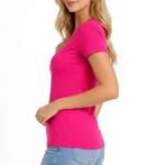 T-Shirt V Yaka Slim Fit Likralı Tişört Günlük Basic Body - Pembe