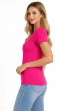 T-Shirt V Yaka Slim Fit Likralı Tişört Günlük Basic Body - Pembe
