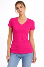 T-Shirt V Yaka Slim Fit Likralı Tişört Günlük Basic Body - Pembe - Görsel 2