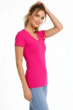 T-Shirt V Yaka Slim Fit Likralı Tişört Günlük Basic Body - Pembe - Görsel 3