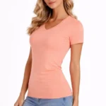 T-Shirt V Yaka Slim Fit Likralı Tişört Günlük Basic Body - Toz Pembe