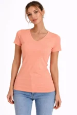 T-Shirt V Yaka Slim Fit Likralı Tişört Günlük Basic Body - Toz Pembe - Görsel 3