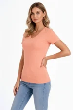 T-Shirt V Yaka Slim Fit Likralı Tişört Günlük Basic Body - Toz Pembe - Görsel 4