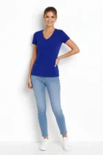 T-Shirt V Yaka Slim Fit Likralı Tişört Günlük Basic Body - İndigo - Görsel 2