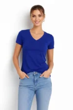 T-Shirt V Yaka Slim Fit Likralı Tişört Günlük Basic Body - İndigo - Görsel 3