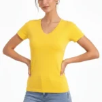 T-Shirt V Yaka Slim Fit Likralı Tişört Günlük Basic Body - Sarı