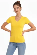 T-Shirt V Yaka Slim Fit Likralı Tişört Günlük Basic Body - Sarı