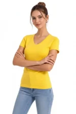 T-Shirt V Yaka Slim Fit Likralı Tişört Günlük Basic Body - Sarı - Görsel 2