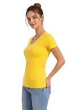T-Shirt V Yaka Slim Fit Likralı Tişört Günlük Basic Body - Sarı - Görsel 3