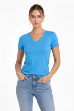 T-Shirt V Yaka Slim Fit Likralı Tişört Günlük Basic Body - Açık Mavi - Görsel 2