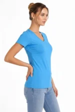 T-Shirt V Yaka Slim Fit Likralı Tişört Günlük Basic Body - Açık Mavi - Görsel 3
