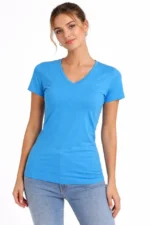 T-Shirt V Yaka Slim Fit Likralı Tişört Günlük Basic Body - Açık Mavi - Görsel 4