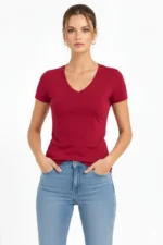 T-Shirt V Yaka Slim Fit Likralı Tişört Günlük Basic Body - Bordo - Görsel 2