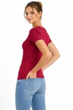 T-Shirt V Yaka Slim Fit Likralı Tişört Günlük Basic Body - Bordo - Görsel 3