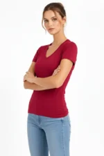 T-Shirt V Yaka Slim Fit Likralı Tişört Günlük Basic Body - Bordo - Görsel 4